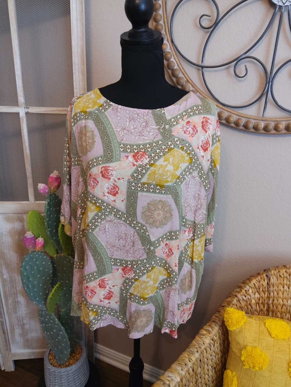 Easel Floral Patchwork Blouse in Pink, Olive & Yellow